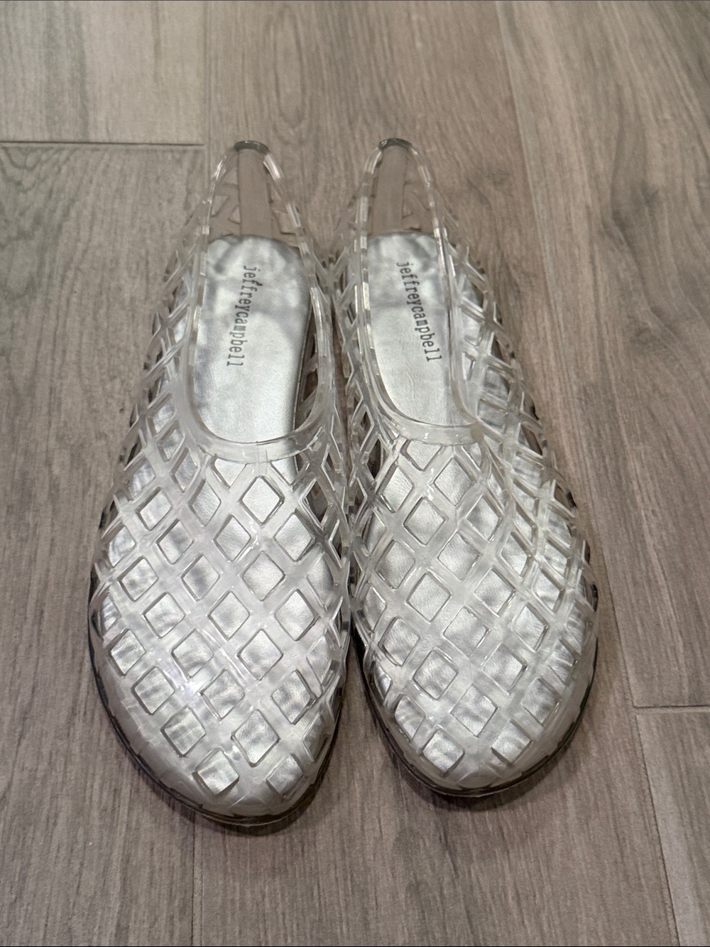 Jeffrey Campbell Woman’s Clear Silver Lattice Slip-On Shoes Size 8